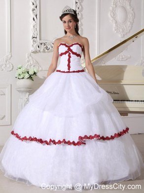 Organza Sweetheart White Quinceanera Dresses With Red Appliques