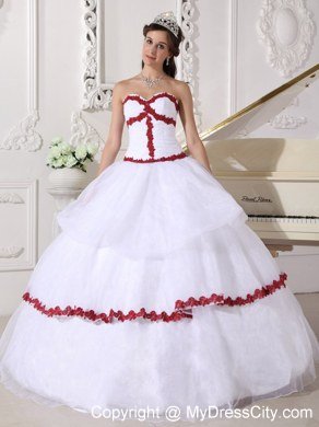 Organza Sweetheart White Quinceanera Dresses With Red Appliques