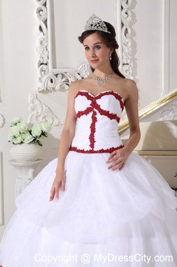 Organza Sweetheart White Quinceanera Dresses With Red Appliques