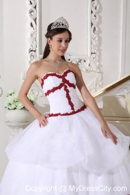 Organza Sweetheart White Quinceanera Dresses With Red Appliques