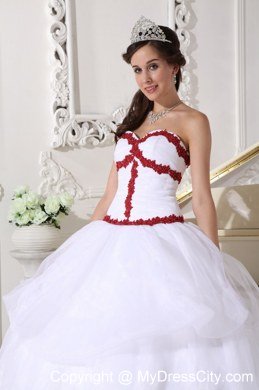 Organza Sweetheart White Quinceanera Dresses With Red Appliques