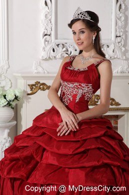 Scoop Neck Appliques Wine Red Quinceanera Gowns With Pick Ups