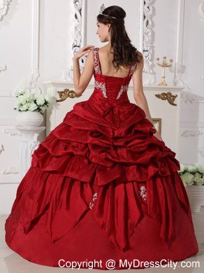 Scoop Neck Appliques Wine Red Quinceanera Gowns With Pick Ups