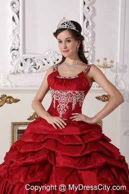 Scoop Neck Appliques Wine Red Quinceanera Gowns With Pick Ups