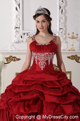 Scoop Neck Appliques Wine Red Quinceanera Gowns With Pick Ups