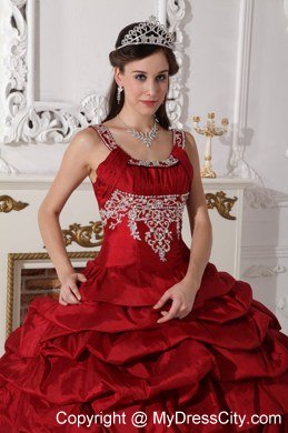 Scoop Neck Appliques Wine Red Quinceanera Gowns With Pick Ups