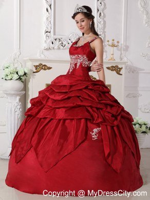 Scoop Neck Appliques Wine Red Quinceanera Gowns With Pick Ups