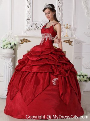 Scoop Neck Appliques Wine Red Quinceanera Gowns With Pick Ups