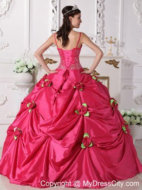 Spaghetti Straps Beaded Flowers Hot Pink 2013 Sweetheart 16 Dresses