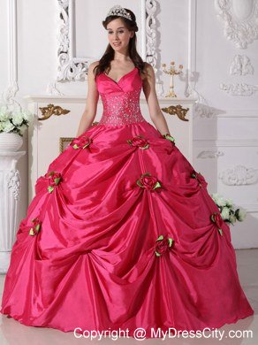 Spaghetti Straps Beaded Flowers Hot Pink 2013 Sweetheart 16 Dresses