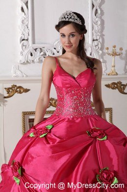 Spaghetti Straps Beaded Flowers Hot Pink 2013 Sweetheart 16 Dresses