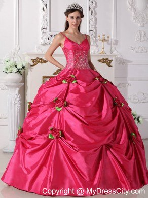 Spaghetti Straps Beaded Flowers Hot Pink 2013 Sweetheart 16 Dresses