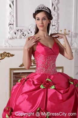 Spaghetti Straps Beaded Flowers Hot Pink 2013 Sweetheart 16 Dresses