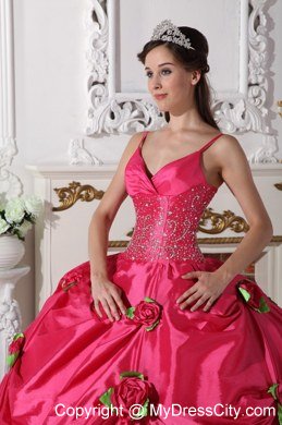 Spaghetti Straps Beaded Flowers Hot Pink 2013 Sweetheart 16 Dresses