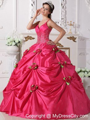 Spaghetti Straps Beaded Flowers Hot Pink 2013 Sweetheart 16 Dresses