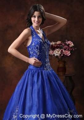 Perfect A-line Halter Embroidery Royal Blue Quninceanera Dresses