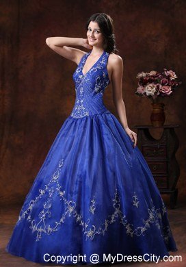 Perfect A-line Halter Embroidery Royal Blue Quninceanera Dresses