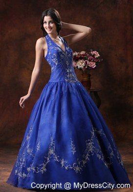 Perfect A-line Halter Embroidery Royal Blue Quninceanera Dresses