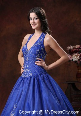 Perfect A-line Halter Embroidery Royal Blue Quninceanera Dresses