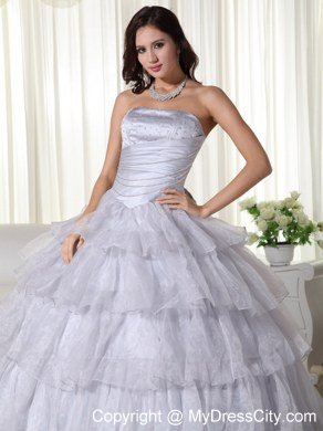 Strapless Organza Ruched Grey Quninceanera Gowns With Ruffled Layers