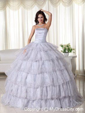 Strapless Organza Ruched Grey Quninceanera Gowns With Ruffled Layers