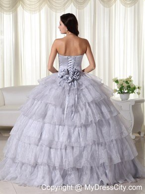 Strapless Organza Ruched Grey Quninceanera Gowns With Ruffled Layers