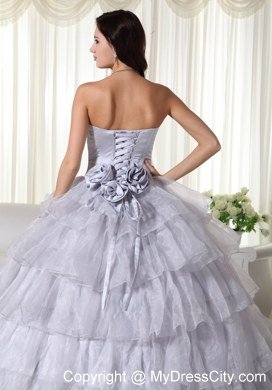 Strapless Organza Ruched Grey Quninceanera Gowns With Ruffled Layers