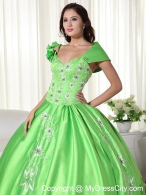One Shoulder Embroidery Spring Green Quninceanera Gowns For Cheap