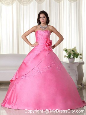 Flowers Embroidery Strapless Rose Pink Quinceanera Gowns For Discount