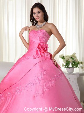 Flowers Embroidery Strapless Rose Pink Quinceanera Gowns For Discount