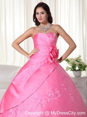 Flowers Embroidery Strapless Rose Pink Quinceanera Gowns For Discount