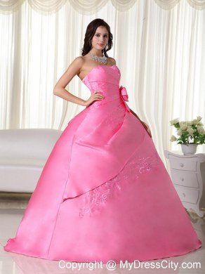 Flowers Embroidery Strapless Rose Pink Quinceanera Gowns For Discount