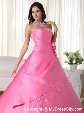 Flowers Embroidery Strapless Rose Pink Quinceanera Gowns For Discount