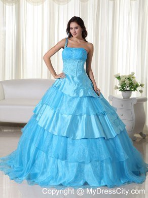 One Shoulder Ruffled Layers Aqua Blue Quinceanera Dress With Beading