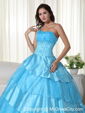 One Shoulder Ruffled Layers Aqua Blue Quinceanera Dress With Beading