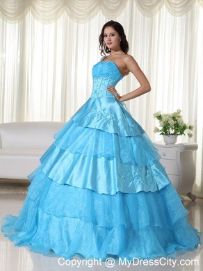 One Shoulder Ruffled Layers Aqua Blue Quinceanera Dress With Beading