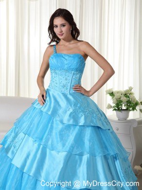 One Shoulder Ruffled Layers Aqua Blue Quinceanera Dress With Beading