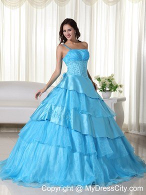 One Shoulder Ruffled Layers Aqua Blue Quinceanera Dress With Beading