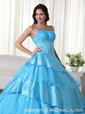 One Shoulder Ruffled Layers Aqua Blue Quinceanera Dress With Beading