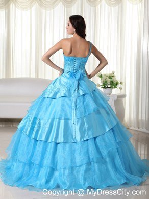 One Shoulder Ruffled Layers Aqua Blue Quinceanera Dress With Beading