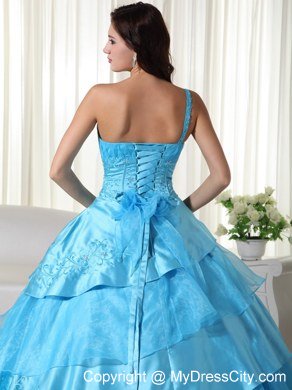 One Shoulder Ruffled Layers Aqua Blue Quinceanera Dress With Beading