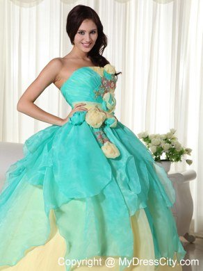 Strapless Organza Flowers Yellow and Apple Green Quinceanera Gowns