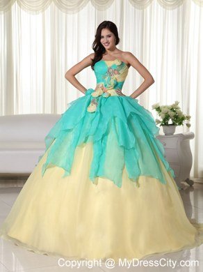 Strapless Organza Flowers Yellow and Apple Green Quinceanera Gowns