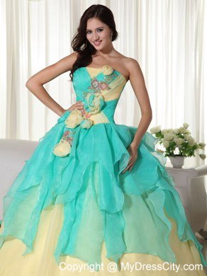 Strapless Organza Flowers Yellow and Apple Green Quinceanera Gowns