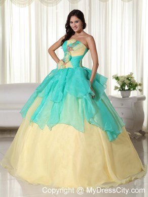 Strapless Organza Flowers Yellow and Apple Green Quinceanera Gowns