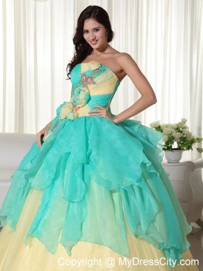 Strapless Organza Flowers Yellow and Apple Green Quinceanera Gowns