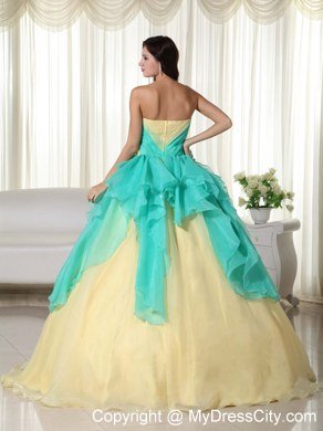 Strapless Organza Flowers Yellow and Apple Green Quinceanera Gowns