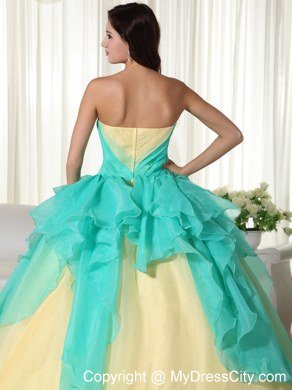 Strapless Organza Flowers Yellow and Apple Green Quinceanera Gowns