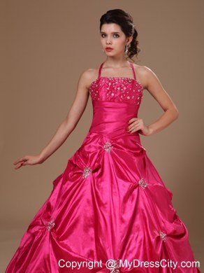 A-line Halter Beaded and Pick Ups Hot Pink Dresses For Sweet 16