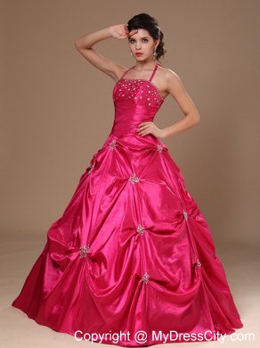 A-line Halter Beaded and Pick Ups Hot Pink Dresses For Sweet 16